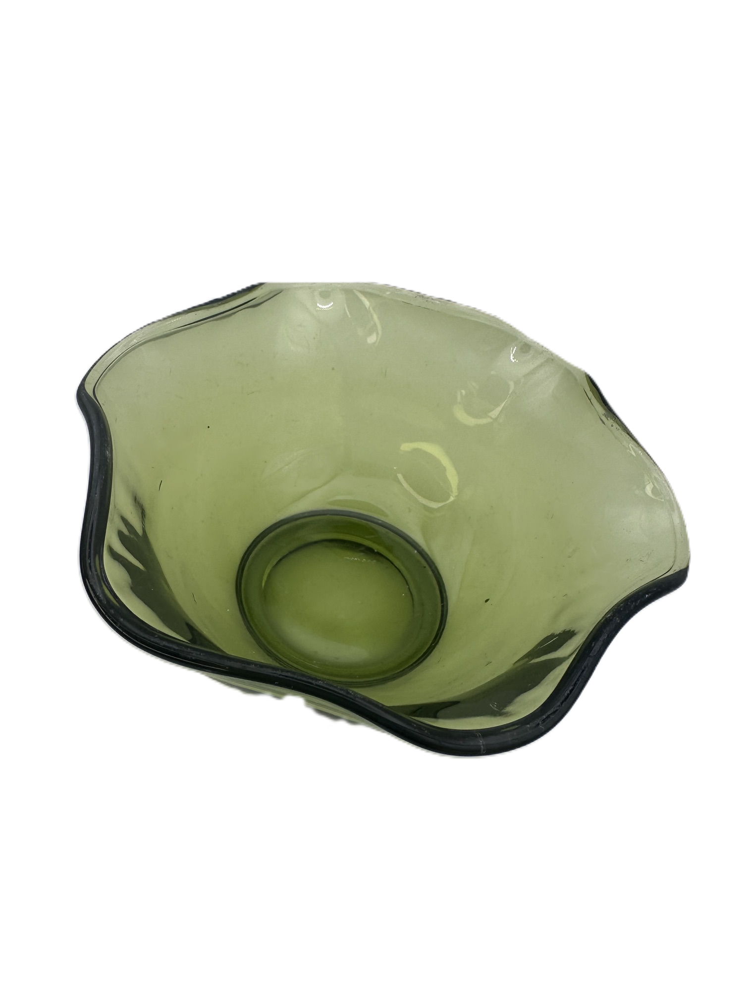 Retro avocado green glass centerpiece bowl with wavy edge and translucent finish