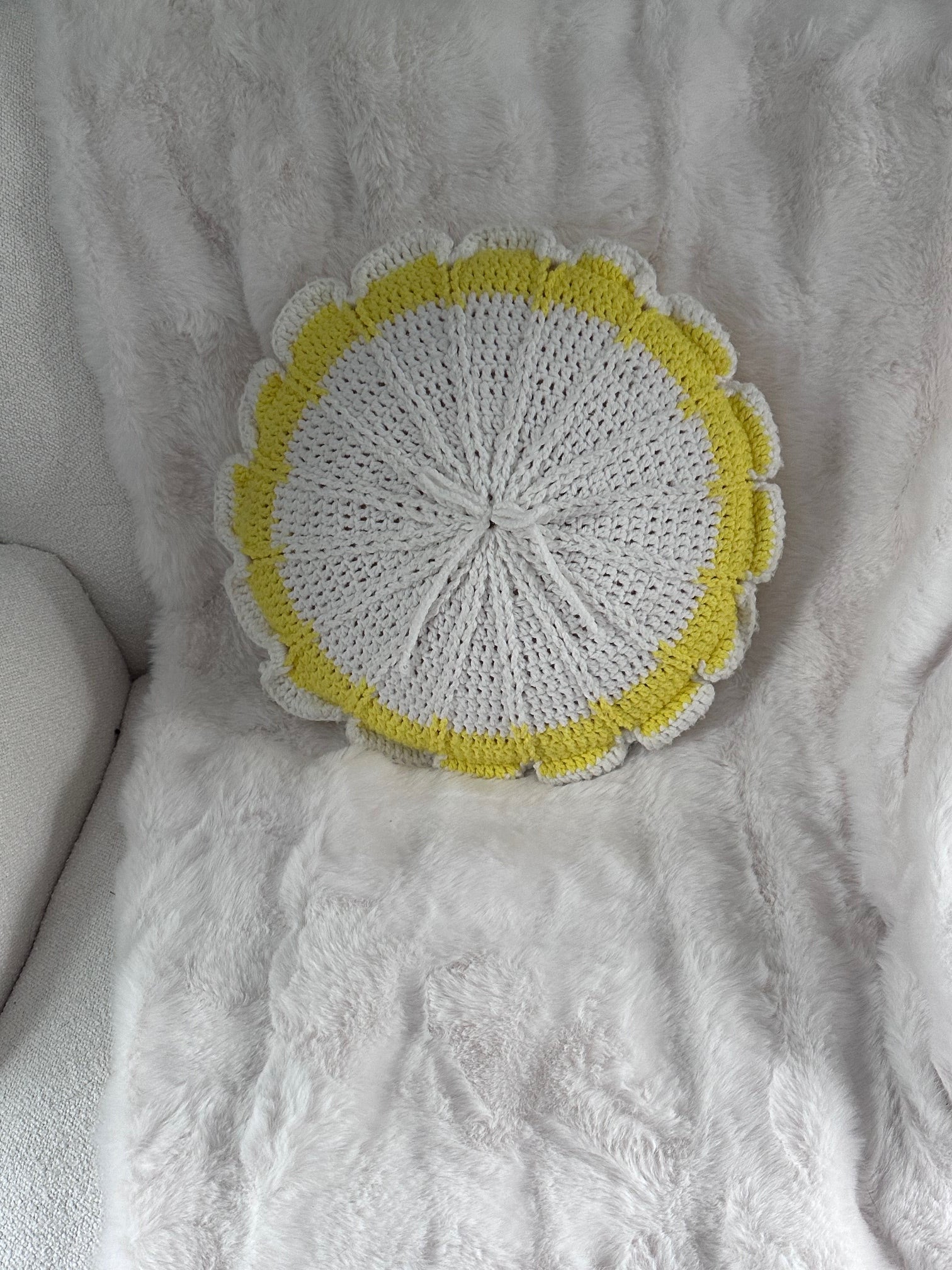 Vintage white crochet throw pillow with yellow trim, perfect for cottage, farmhouse, and shabby chic décor