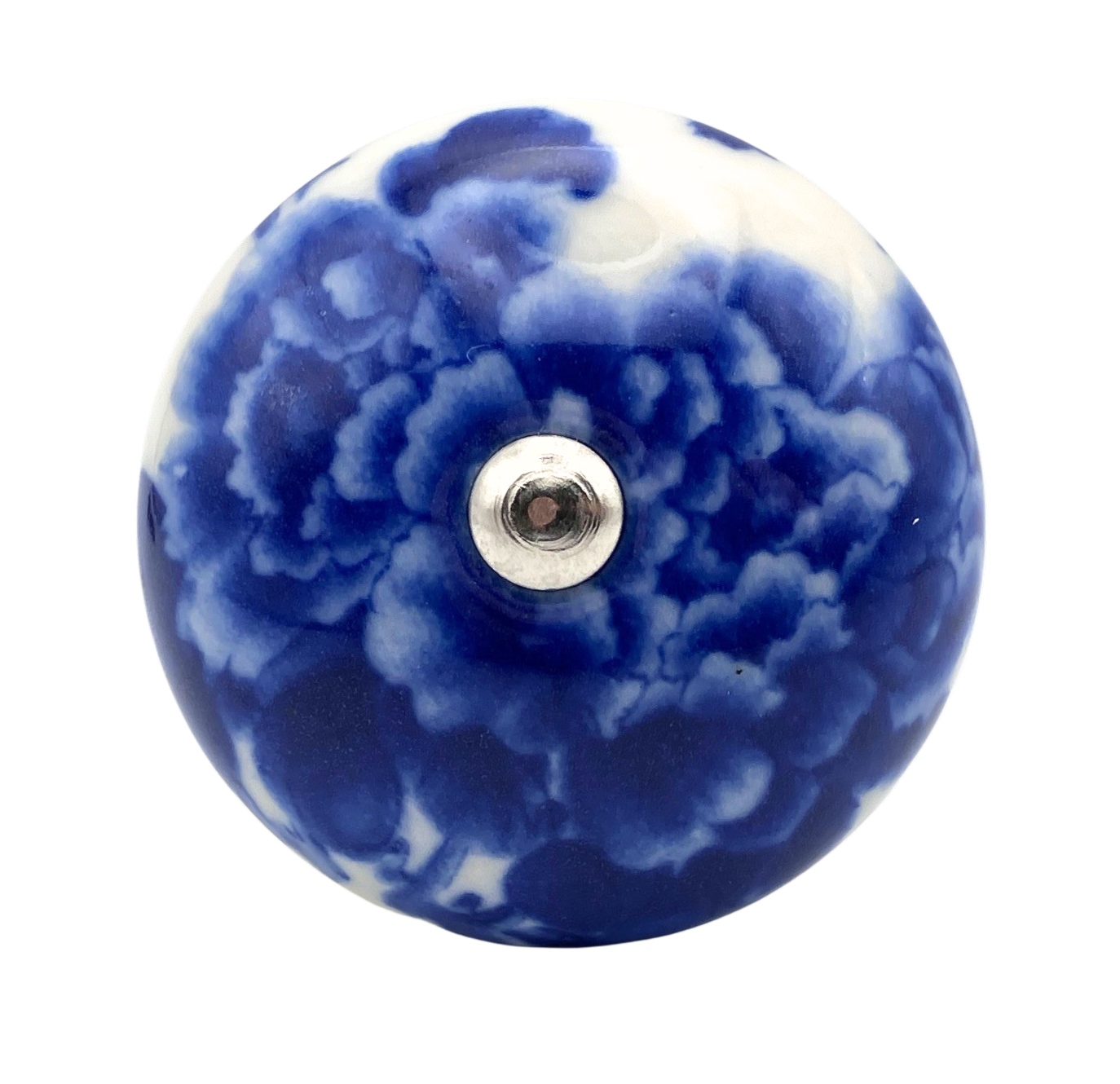 Blue and white floral ceramic knob on a white background