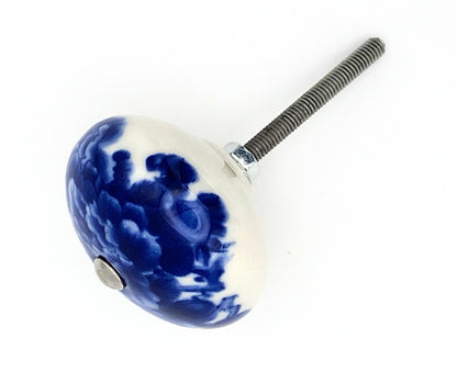 Blue and white floral ceramic knob on a white background