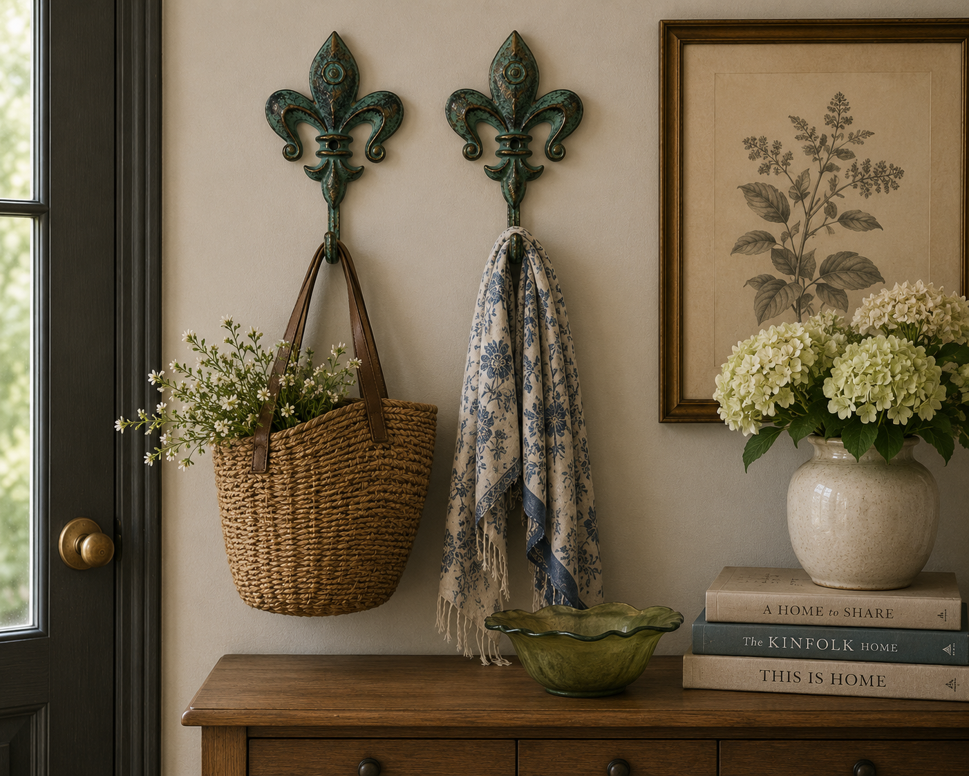 Decorative fleur-de-lis wall hooks displayed in a rustic mudroom with woven baskets and natural textures.