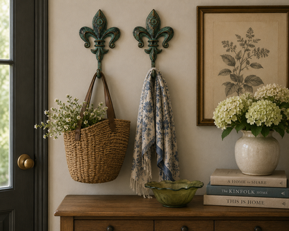 Decorative fleur-de-lis wall hooks displayed in a rustic mudroom with woven baskets and natural textures.