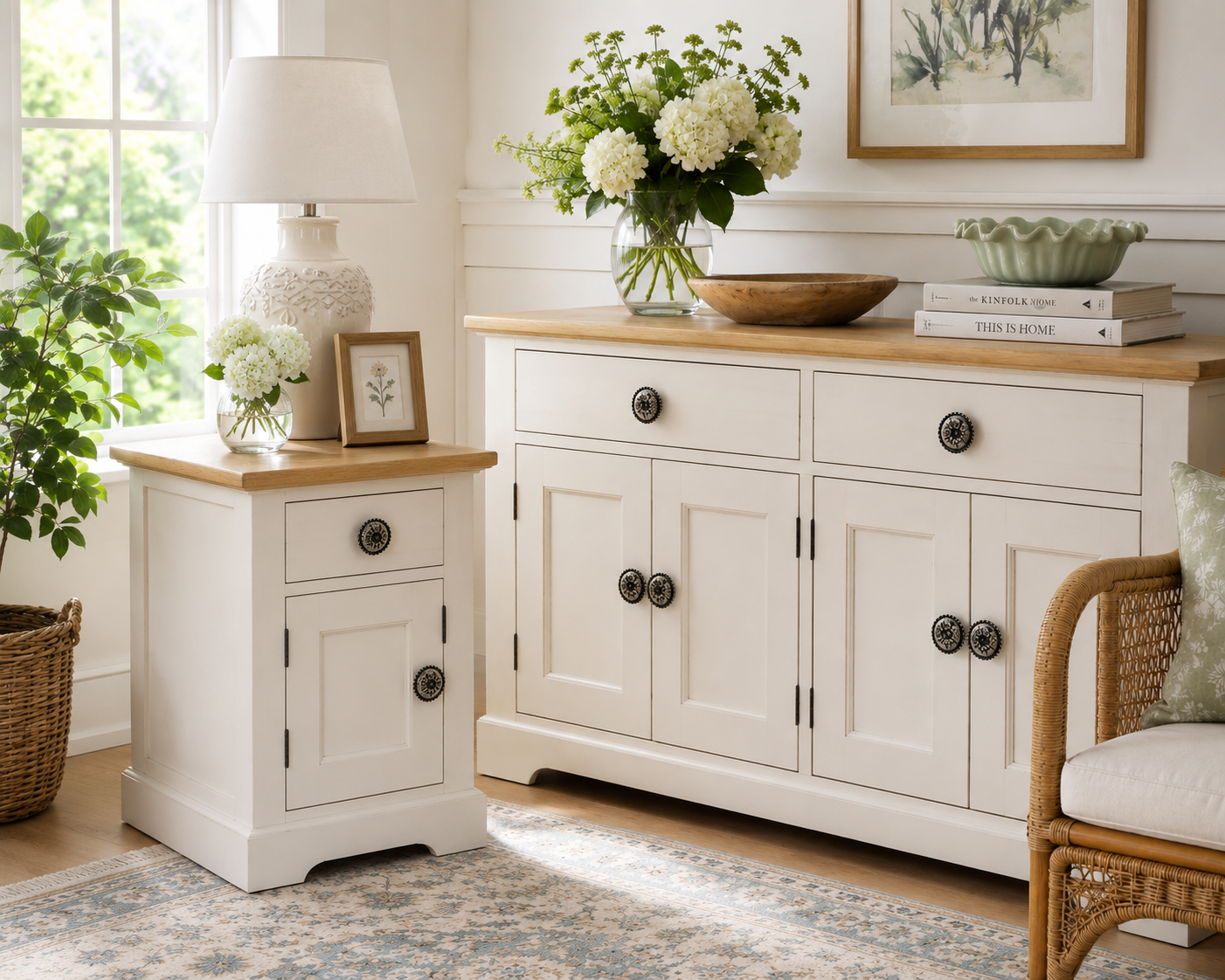 Coordinating white farmhouse end table and console cabinet featuring charcoal gray floral leaf knobs, displayed in a bright cottage-inspired room with hydrangeas, wicker furniture, and natural light.