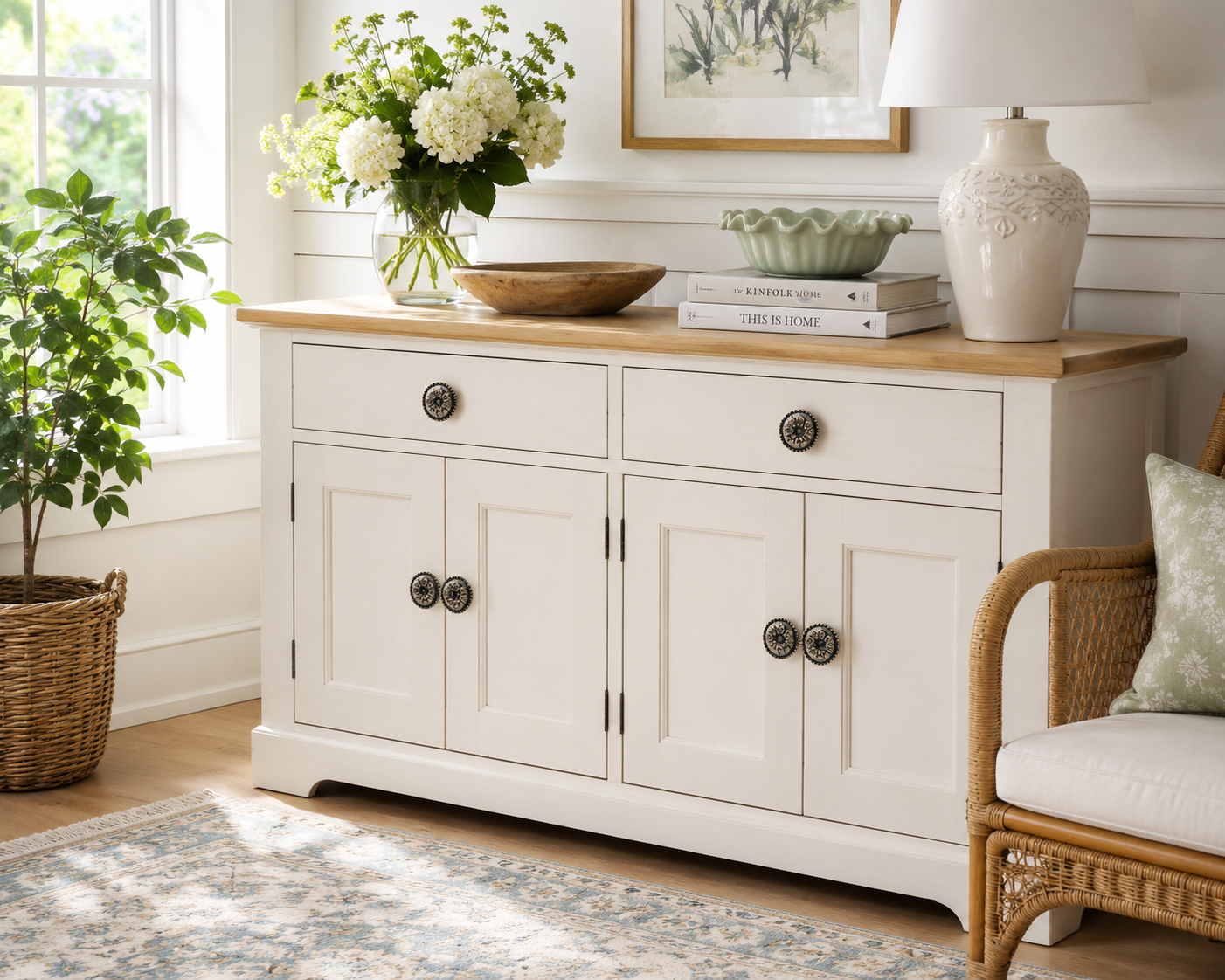White farmhouse-style console cabinet with natural wood top and charcoal gray floral leaf knobs, styled with white hydrangeas, books, pottery, and greenery in a bright sunlit living room.