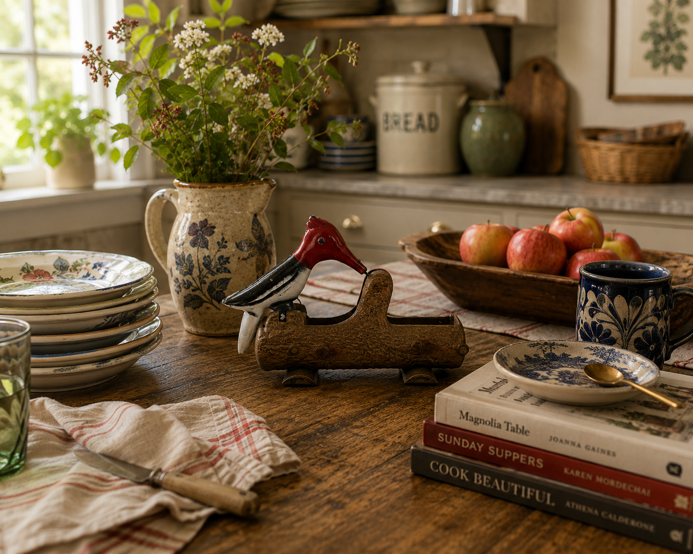 Decorative vintage woodpecker toothpick holder styled on a farmhouse kitchen table with dishes and fruit.