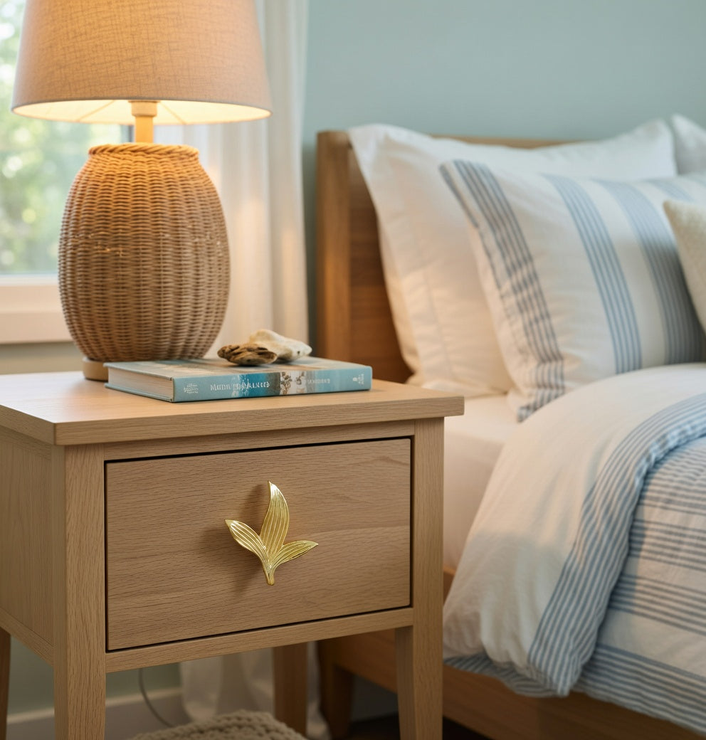 Wooden nightstand with Sera leaf knob and wicker lamp and book next to a bed with striped bedding.