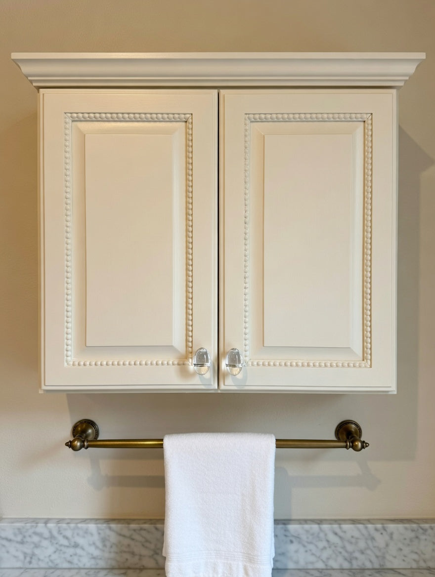 White cabinet with gold towel rack and white towel on a marble countertop.