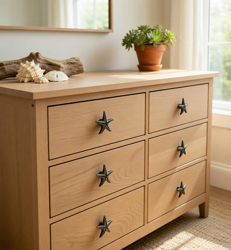 Wooden dresser with star-shaped handles in a room with a plant and decorative items.
