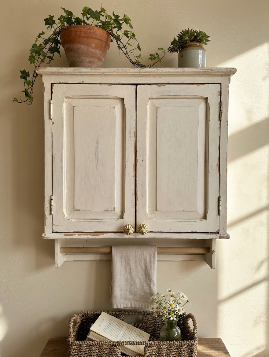 Vintage-style white cabinet with plants and a basket on a light-colored wall.
