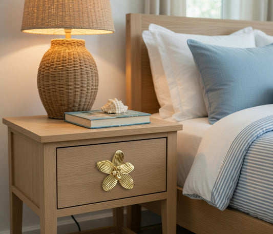 Wooden nightstand with gold flower knob, a lamp and books next to a bed with pillows and a blanket.