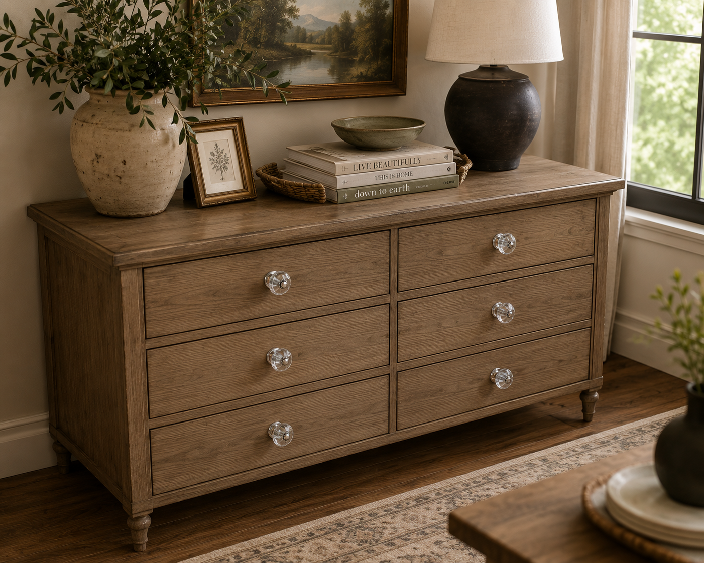 Clear oblong acrylic drawer knobs displayed on a painted dresser in a farmhouse-style room.