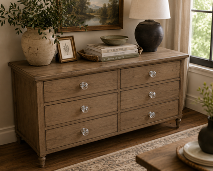 Clear oblong acrylic drawer knobs displayed on a painted dresser in a farmhouse-style room.