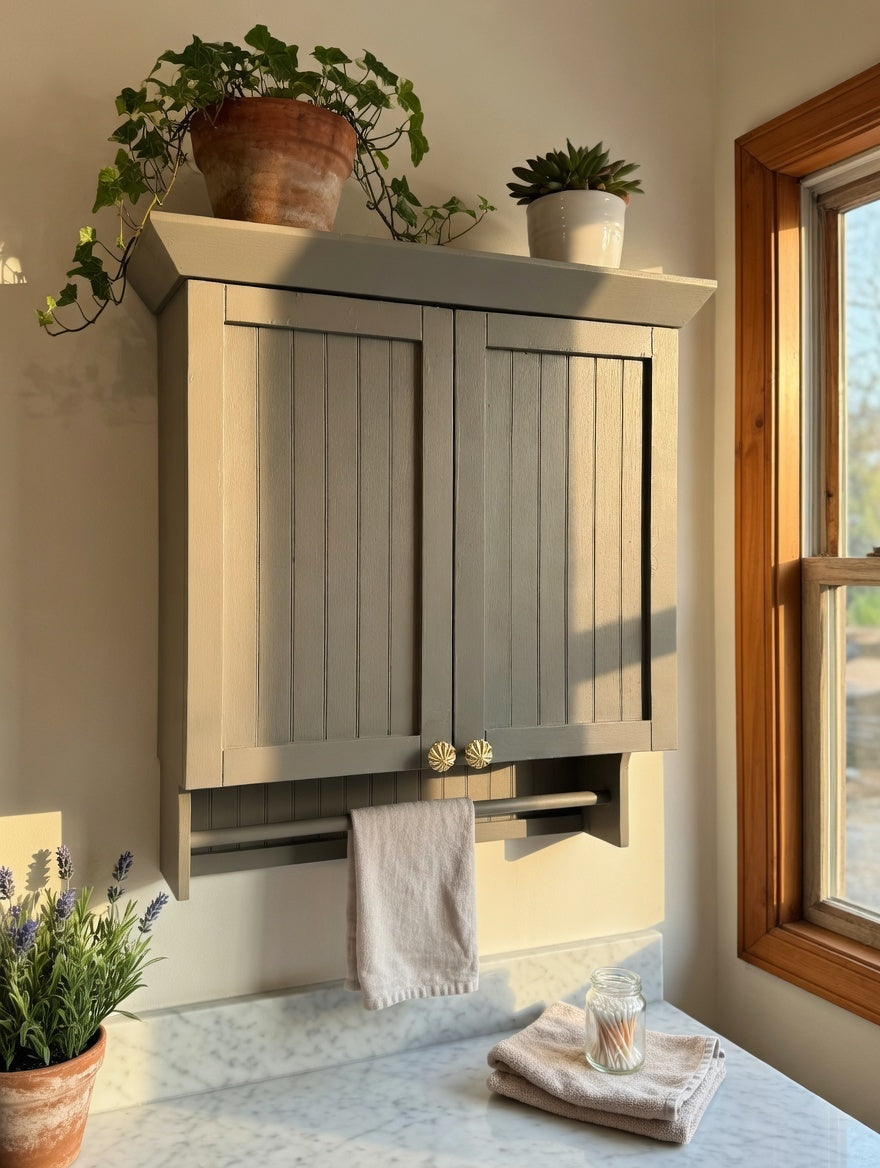 Wooden cabinet with shutters on a wall, decorated with plants and towels.
