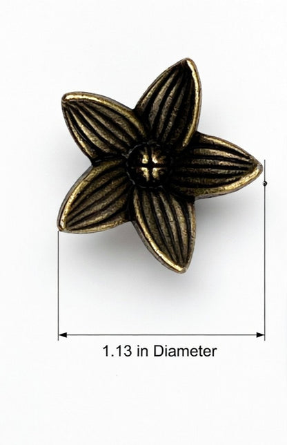 Bronze flower-shaped knob with dimensions on a white background