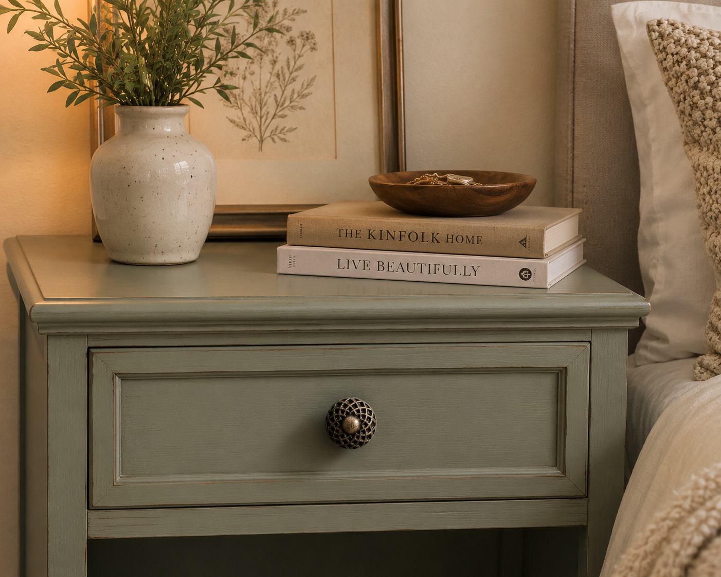 Decorative geometric metal knob displayed on a painted furniture piece with modern styling.