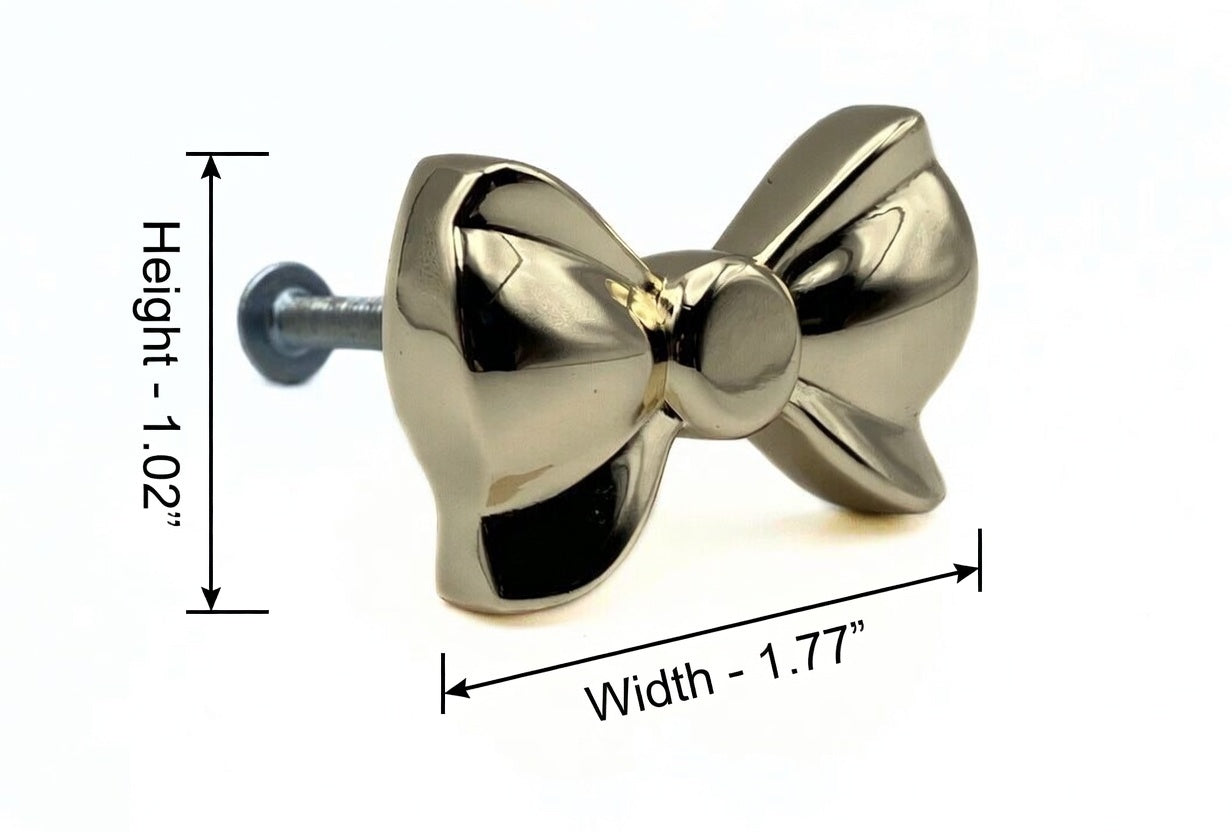 Gold bow-shaped knob with measurements on a white background
