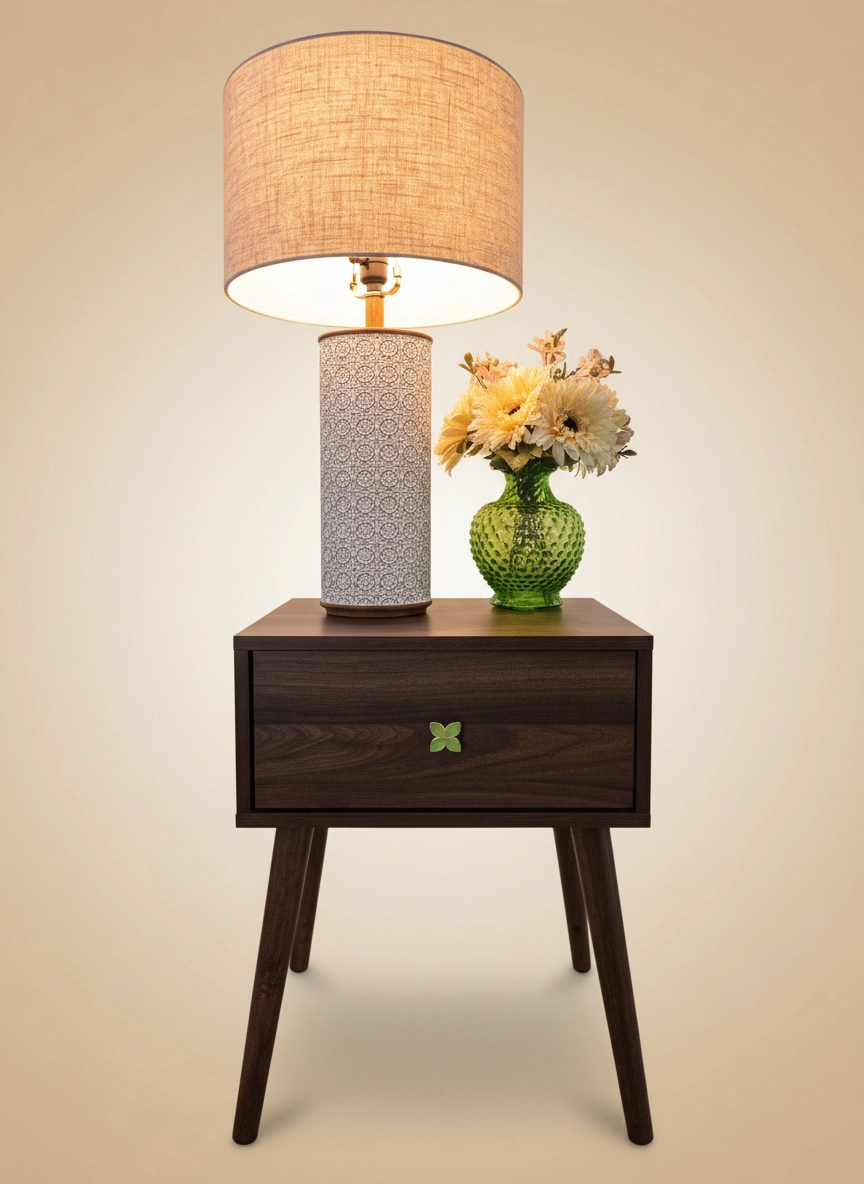 Wooden side table with green petal knob, a lamp and floral arrangement on a beige background
