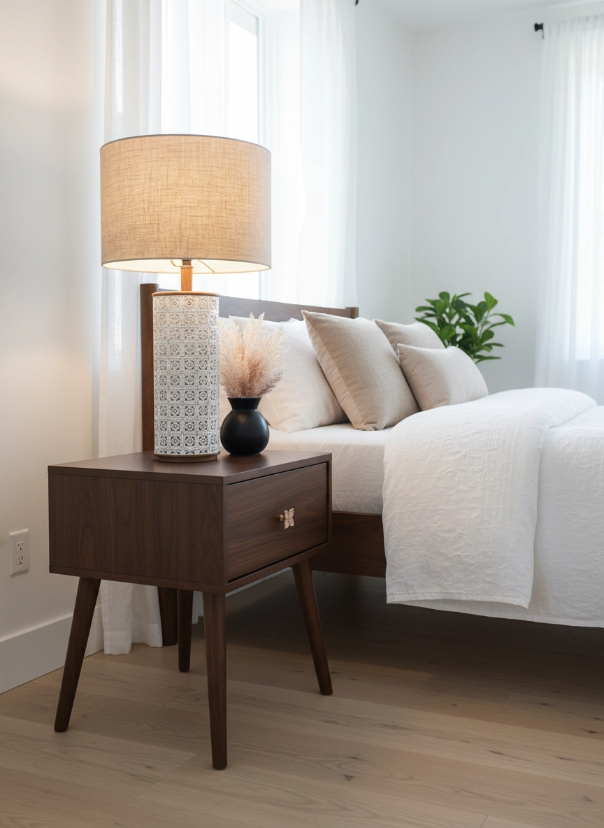 Wooden nightstand with lamp and decorative items next to a bed in a bedroom.