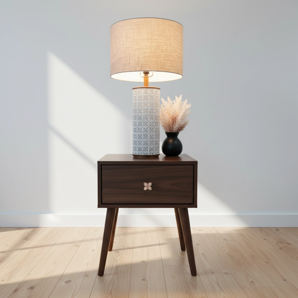 Wooden side table with a lamp and decorative vase against a white wall.