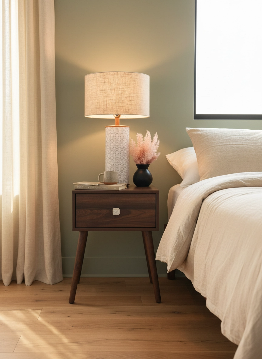 Bedroom with a nightstand featuring a lamp and decorative items, next to a bed with white bedding.