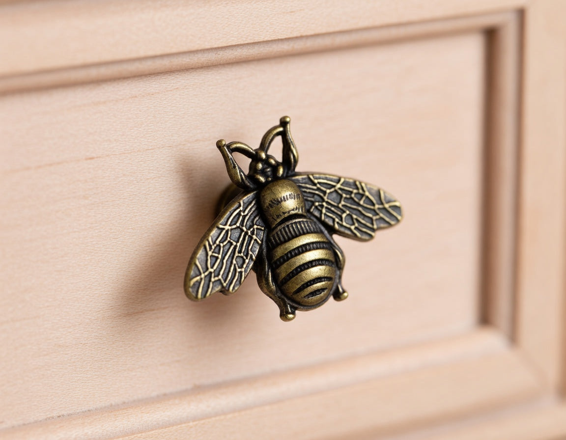 Bronze bee-shaped knob on a wooden surface