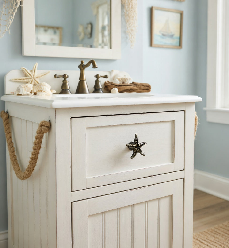 Bathroom vanity with starfish decor against a light blue wall.
