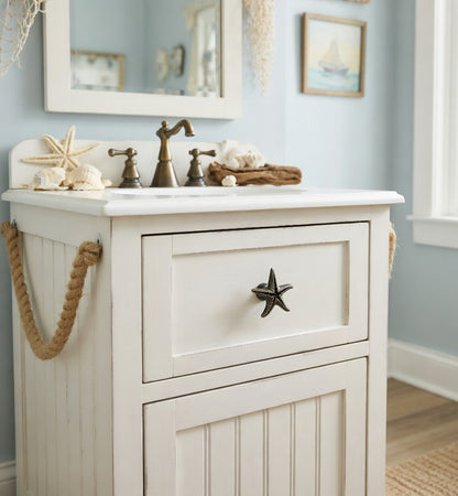 Bathroom vanity with starfish decor against a light blue wall.