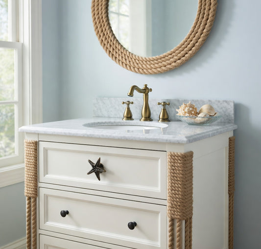 Bathroom vanity with marble countertop, gold faucet, and rope accents.