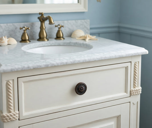 Bathroom vanity with marble countertop, round knob, brass faucet, and decorative elements.