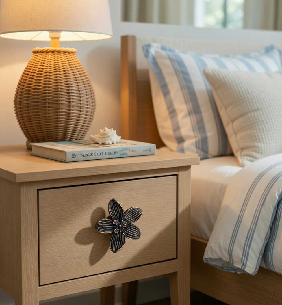 Wooden nightstand with bronze flower knob, wicker lamp and books next to a bed with striped bedding.
